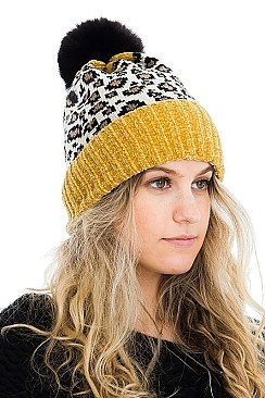 A DOZEN LEOPARD POMPOM BEANIES