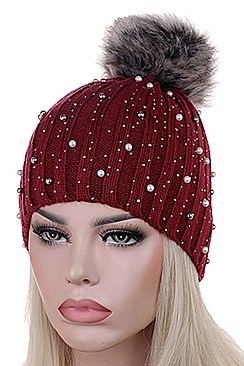Pack of 12 Multi Bead Pompom Crochet Beanies