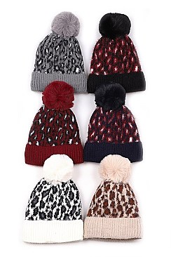 Pack of 12 Fur Lined Leopard Pompom Beanies