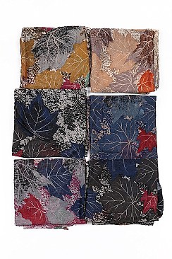 Pack of (12 Pieces) Assorted Color Trendy Leaves Print Scarves FM-JCS8002