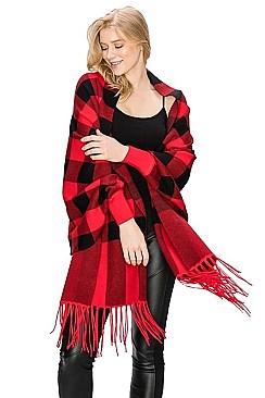 FANCY PLAID PATTERN TASSEL PONCHO
