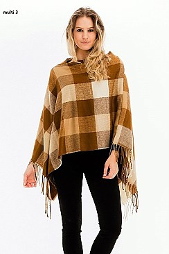 FRINGED PLAID PATTERN PONCHO