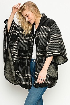 Hooded Plaid Pattern Poncho
