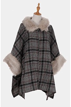 Stylish Faux Fur Collar Plaid Pattern Cardigan FM-AO6042