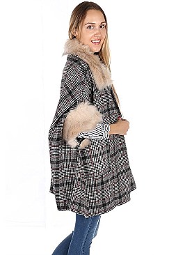 Stylish Faux Fur Collar Plaid Pattern Cardigan FM-AO6042