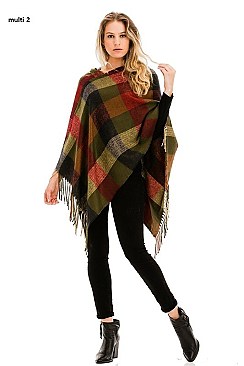 FRINGED PLAID PATTERN PONCHO