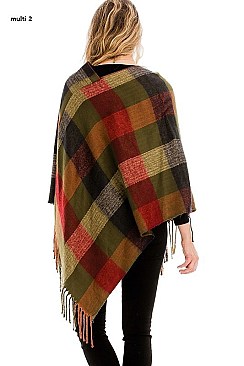 FRINGED PLAID PATTERN PONCHO