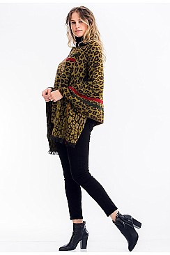 PACK of 12 Stripe Accent Leopard Poncho