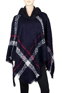 PACK OF (12 Pieces ) ASSORTED COLOR Fashionable Plaid Poncho with Hood FM-BSF60009A