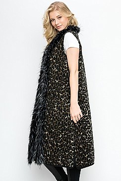 Soft Fur Collar Leopard Long Line Vest