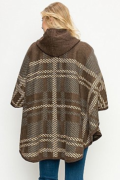 Hooded Plaid Pattern Poncho