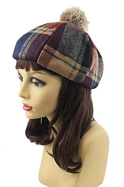 Plaid Beret Fur Pompom Hat FM-HT492