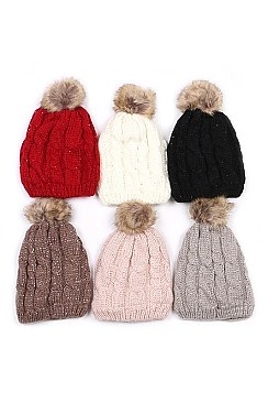 Sassy Sequin Accent Pompom Fur Lined Beanies FM-HT736