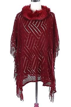 Stylish Faux Fur Collar Fringe Poncho FM-AV251DC