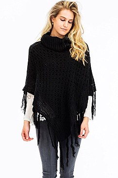 Turtleneck V Shaped Fringe Poncho FM-WSF215