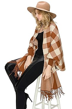 FANCY PLAID PATTERN TASSEL PONCHO