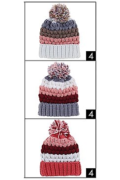 Pack of 12 Multi Tone Pom Pom Crochet Beanies