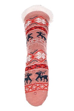 Pack of (12 Pairs) Slipper Socks Reindeer Patterns Assorted Colors FM-SO468