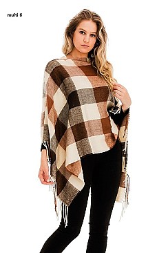 FRINGED PLAID PATTERN PONCHO