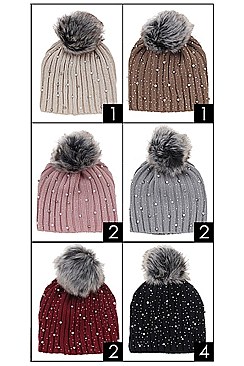 Pack of 12 Multi Bead Pompom Crochet Beanies
