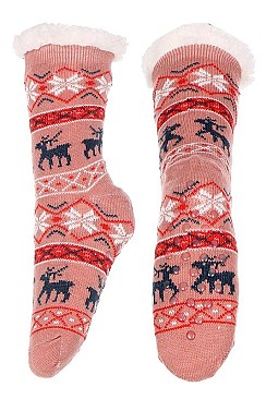 Pack of (12 Pairs) Slipper Socks Reindeer Patterns Assorted Colors FM-SO468