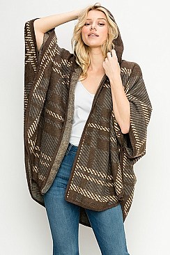 Hooded Plaid Pattern Poncho