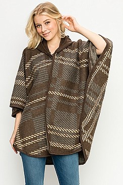 Hooded Plaid Pattern Poncho