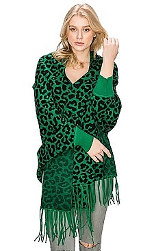 LEOPARD PRINT TASSEL PONCHO