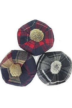 Plaid Beret Fur Pompom Hat FM-HT492