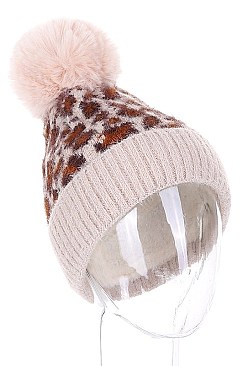 Pack of 12 Fur Lined Leopard Pompom Beanies