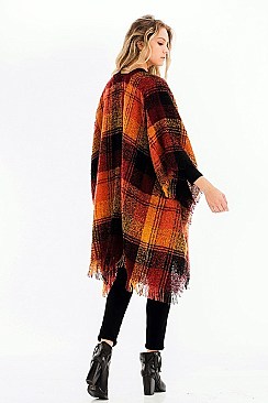 Pack of 6 Pcs Assorted Color Plaid Fringe Poncho