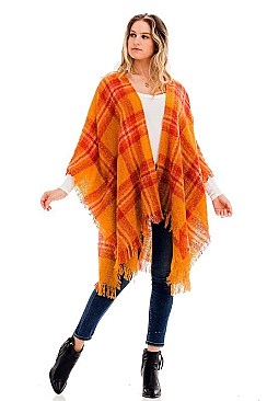 Pack of 6 Pcs Assorted Color Plaid Fringe Poncho