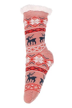 Pack of (12 Pairs) Slipper Socks Reindeer Patterns Assorted Colors FM-SO468