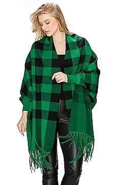 FANCY PLAID PATTERN TASSEL PONCHO