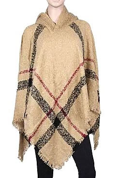 PACK OF (12 Pieces ) ASSORTED COLOR Fashionable Plaid Poncho with Hood FM-BSF60009A