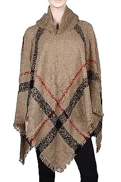 PACK OF (12 Pieces ) ASSORTED COLOR Fashionable Plaid Poncho with Hood FM-BSF60009A