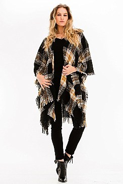 Pack of 6 Pcs Assorted Color Plaid Fringe Poncho