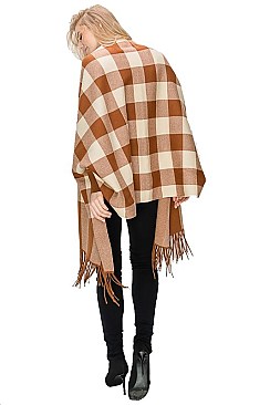 FANCY PLAID PATTERN TASSEL PONCHO