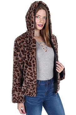 Fashionable Soft Fur Leopard Hooded Cardigan FM-AV295