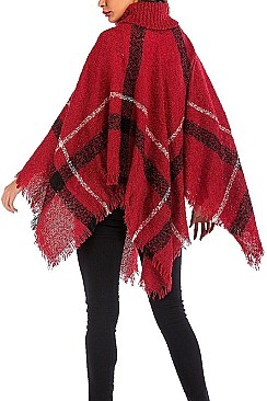 PACK OF (12 Pieces) ASSORTED COLOR Button Accent Plaid Pattern Poncho FM-BSF60009D
