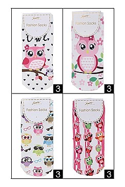 Pack of (12 Pieces) Assorted Owl Print Socks FM-ASK2133