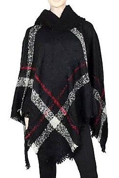 PACK OF (12 Pieces ) ASSORTED COLOR Fashionable Plaid Poncho with Hood FM-BSF60009A