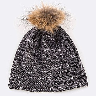 Raccoon Fur PomPom Cotton Blend Slouchy Beanie LA-EXP1003
