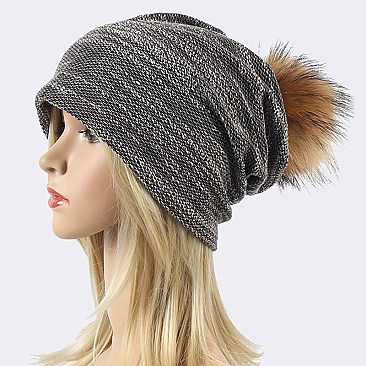 Raccoon Fur PomPom Cotton Blend Slouchy Beanie LA-EXP1003