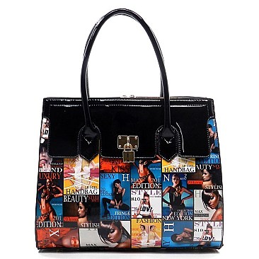 CELEBRITY PADLOCK MAGAZINE PICTURE TOTE-SATCHEL