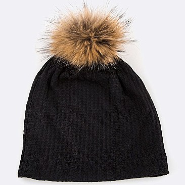 Raccoon PomPom Fur Cotton Slouchy Beanie LA-EXP1004