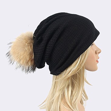 Raccoon PomPom Fur Cotton Slouchy Beanie LA-EXP1004