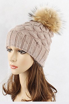 Pineapple Knit Beanie With Raccoon Fur Pompom LA-EXP1007