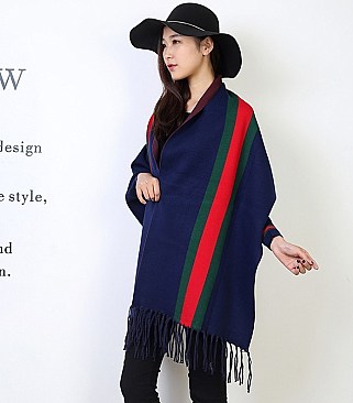 Striped Shawl Poncho with arm holes and Tassels