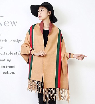 Striped Shawl Poncho with arm holes and Tassels
